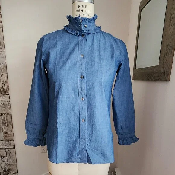 J. CREW Classic-fit Ruffleneck Chambray Shirt Size 4 - Picture 6 of 11